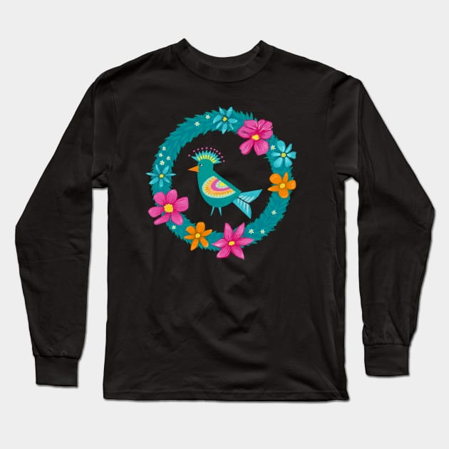 Colorful bird in a green wreath with flowers | repeat pattern Long Sleeve T-Shirt by colorofmagic